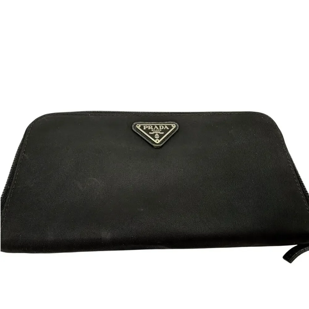 Prada Tessuto Nylon Zip Wallet Nero Black Logo Zip Around